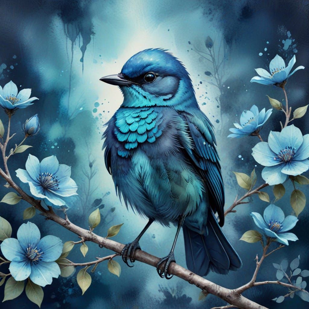 Cute Blue Bird with Denim Leaves in Watercolor