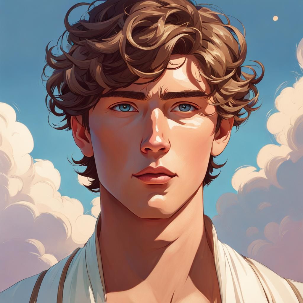 handsome male with freckles, fade haircut, intricate, detailed face, by Ilya Kuvshinov and Alphonse Mucha, dreamy, paste...