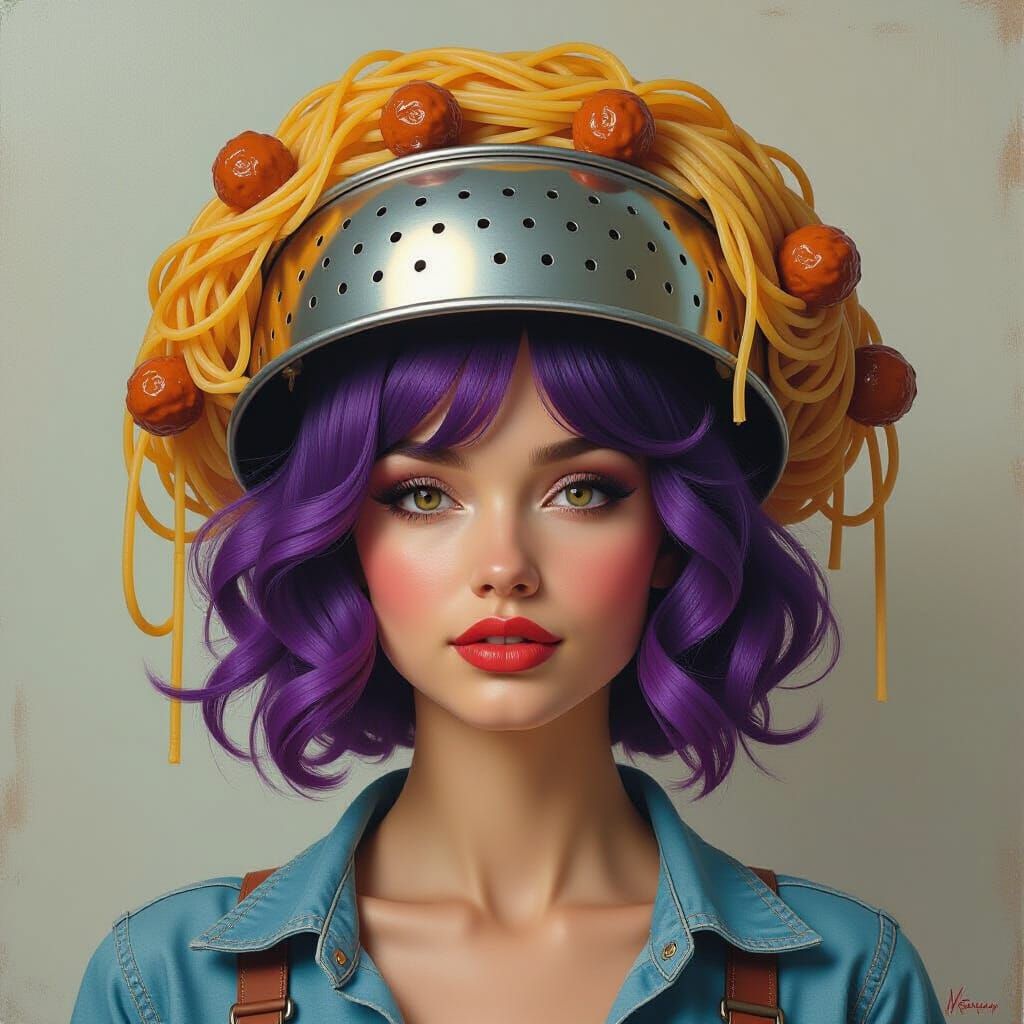Woman in Whimsical Pasta Helmet Impasto Painting
