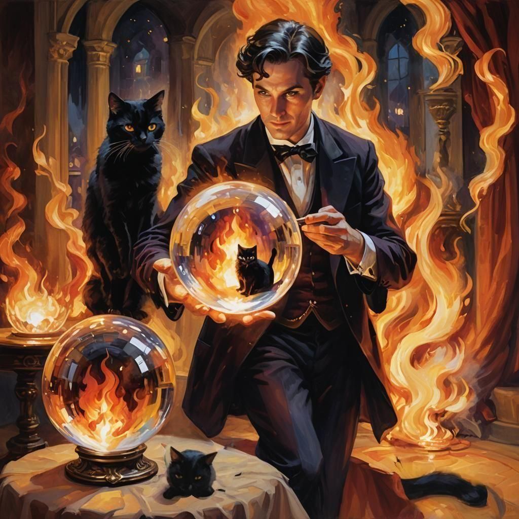 Magician, Crystal Ball, and Black Cat: Impressionistic Art