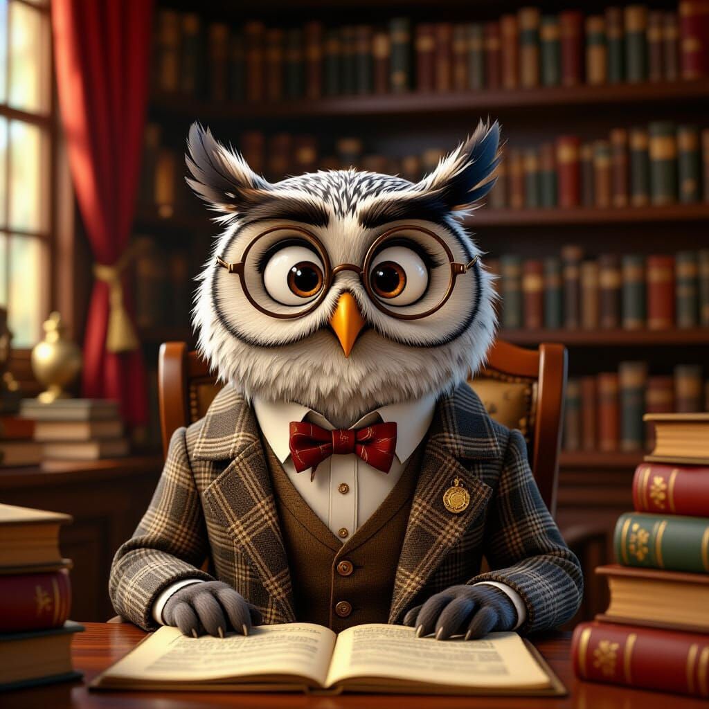 Pixar-Style Owl Gentleman in Cozy Library