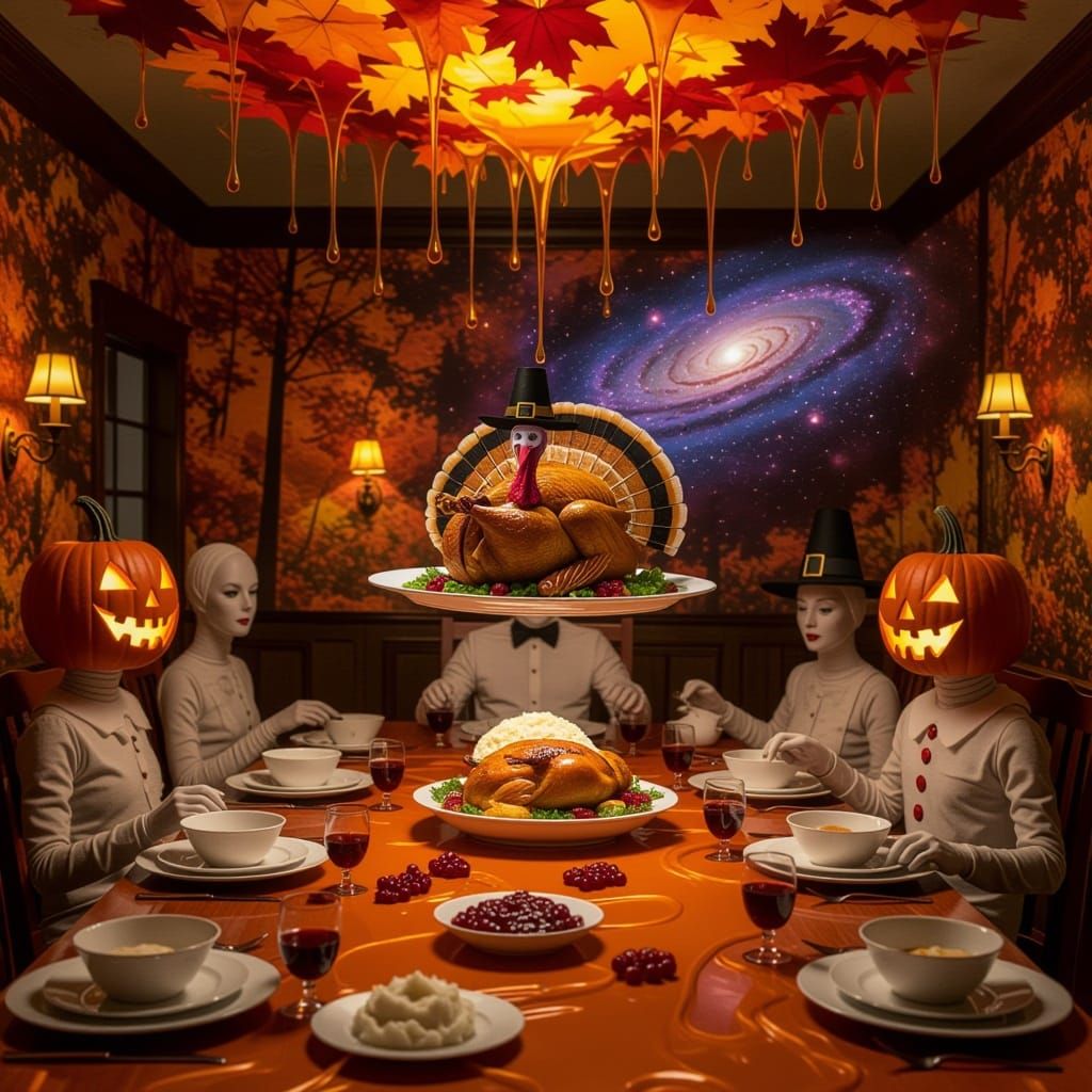 Surreal Thanksgiving Feast with Infinite Table and Pumpkin H...