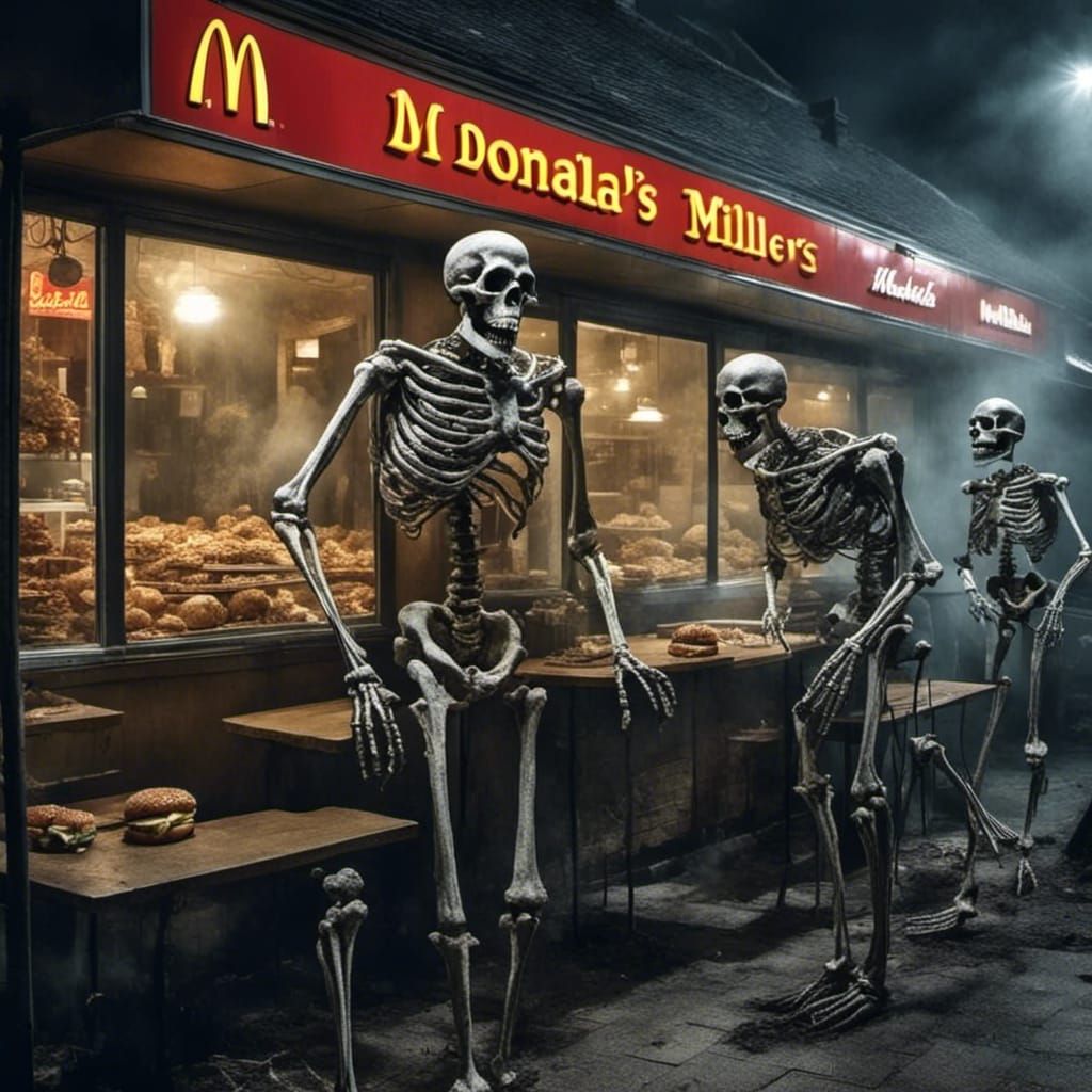 Skeletons Haunt McDonald's in Dark Fantasy Realism