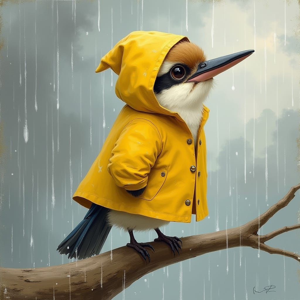 Whimsical Kookaburra Bird in Rainy Landscape