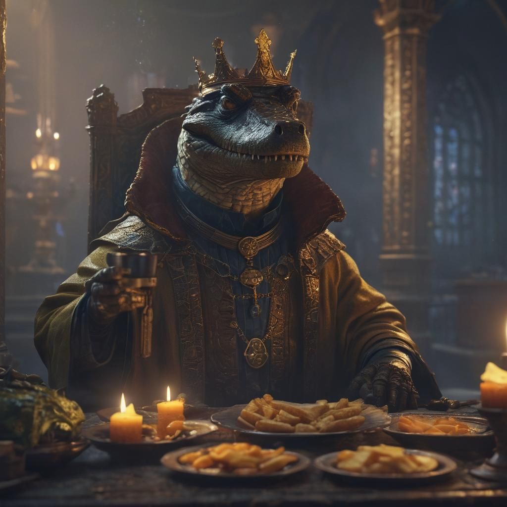 Catholic Bishop Crocodile Warms Fries: Fantasy Concept Art