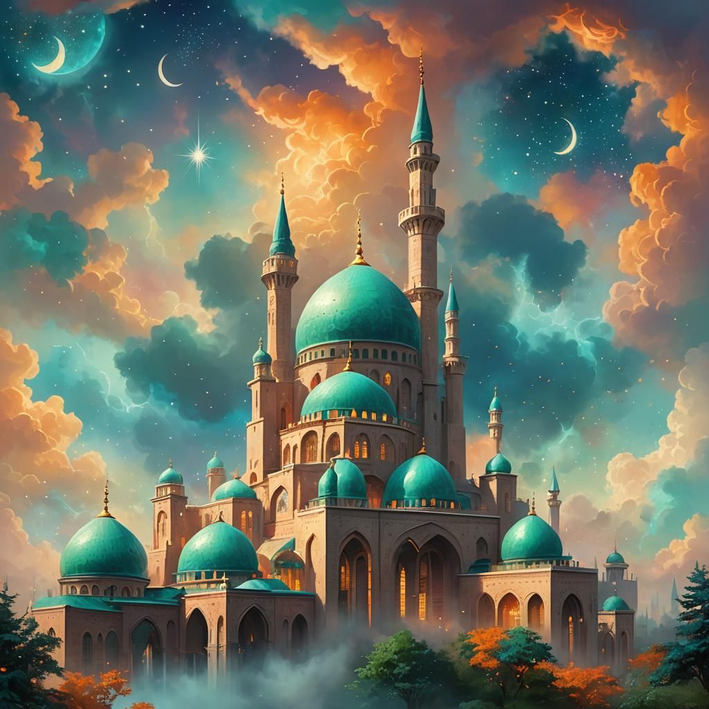 Ethereal Masjid: Eid Al-Fitr Card in Fantasy Style