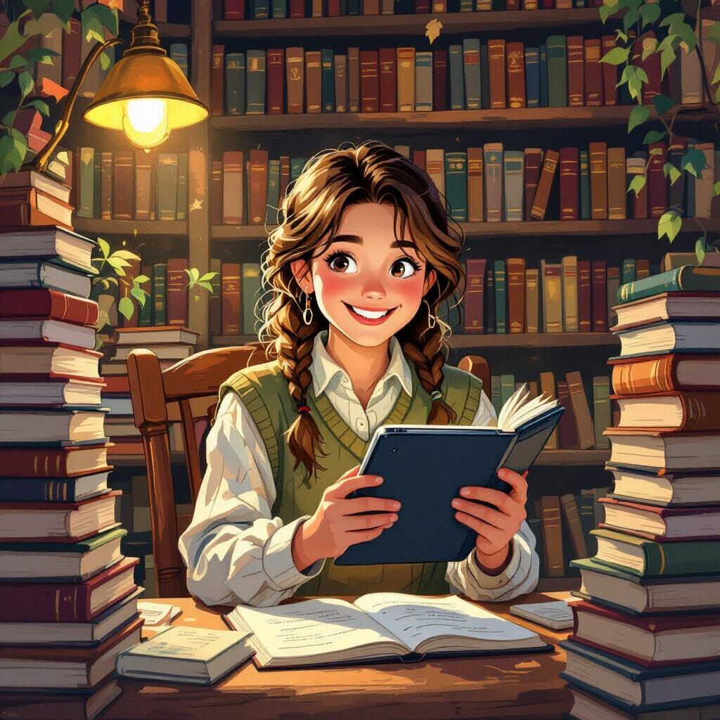 Student Uses Tablet in Cozy Library, Whimsical Illustration