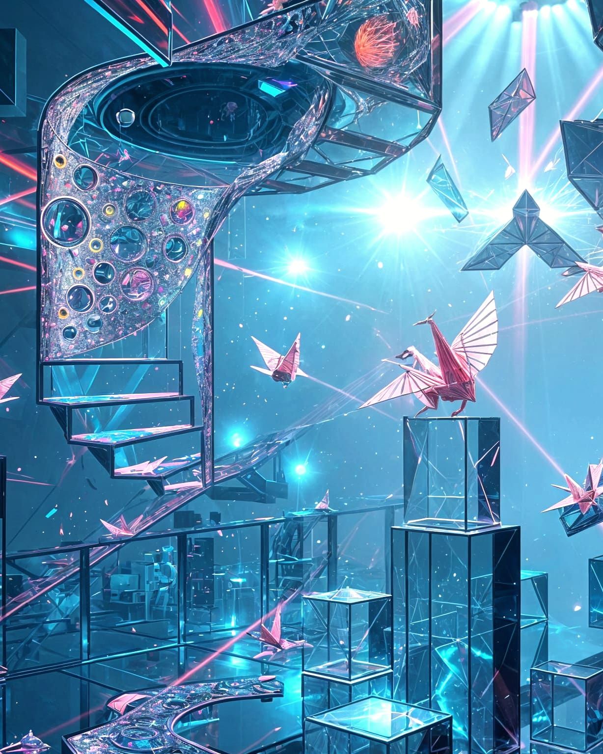 Surreal Floating Staircase with Origami Birds