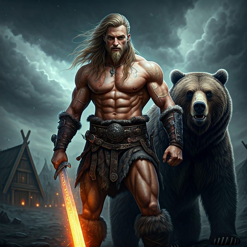 Nordic Warrior Stands Valiantly Beside Fearsome Bear