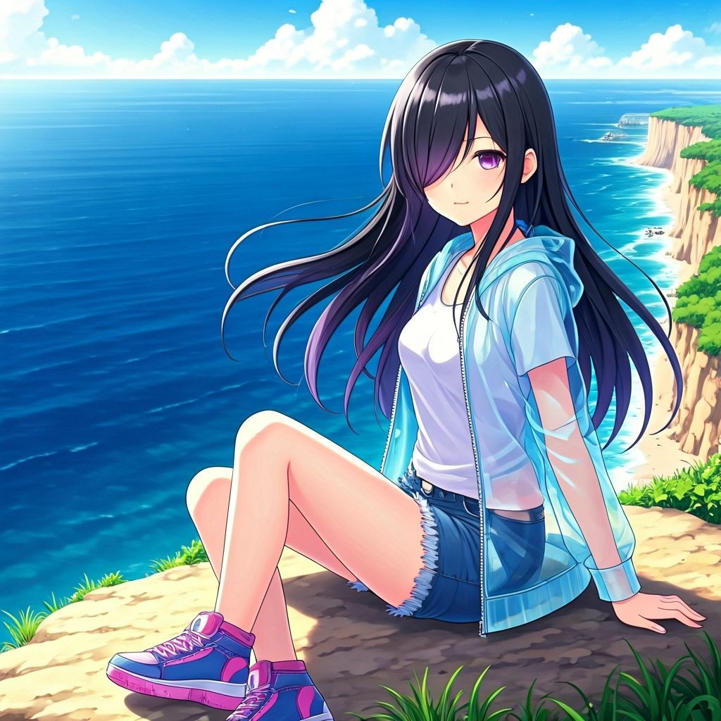 Anime Girl Overlooking Ocean in Anime Style