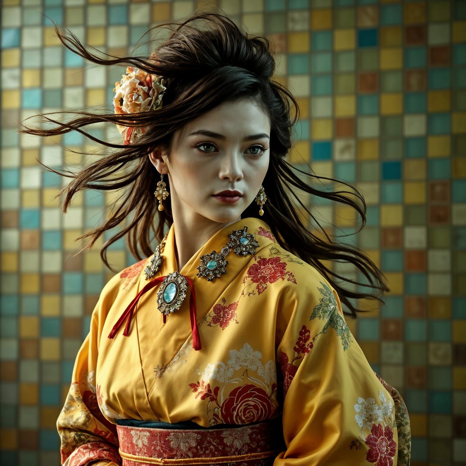 Whimsical Geisha in Vibrant Yellow Kimono