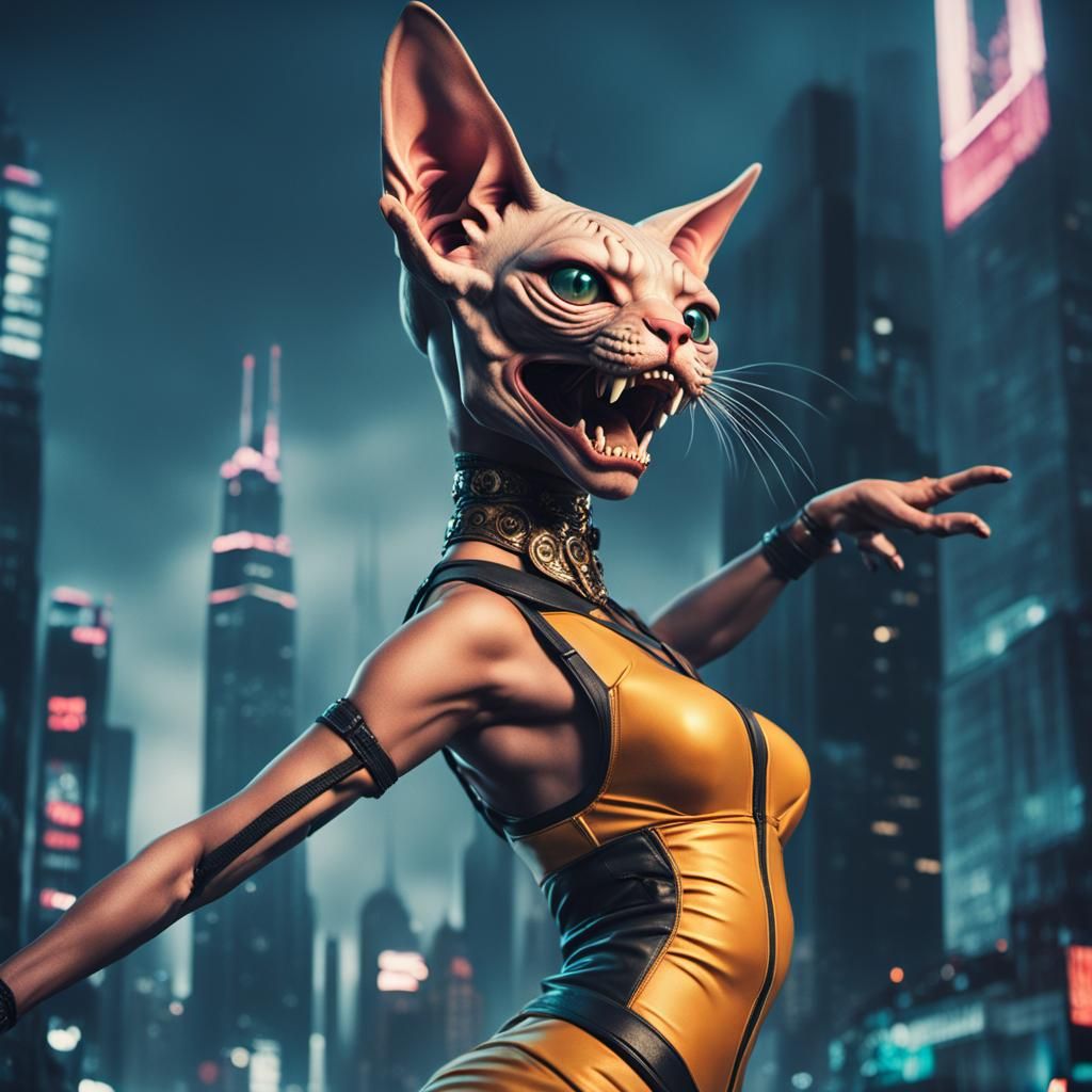 Cyberpunk Cat-Girl Portrait with Fangs