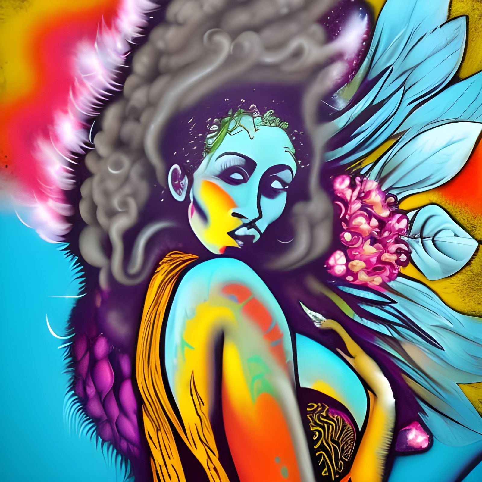 Cannabis indica winged large-mammaries beautiful white-human-goddess long hair flight fire air water angelic marijuana