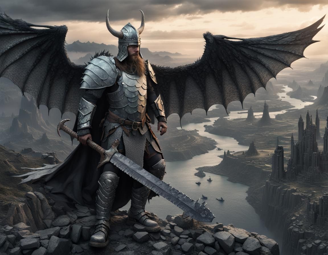 Winged Viking Knight Overlooking Dystopian Wasteland