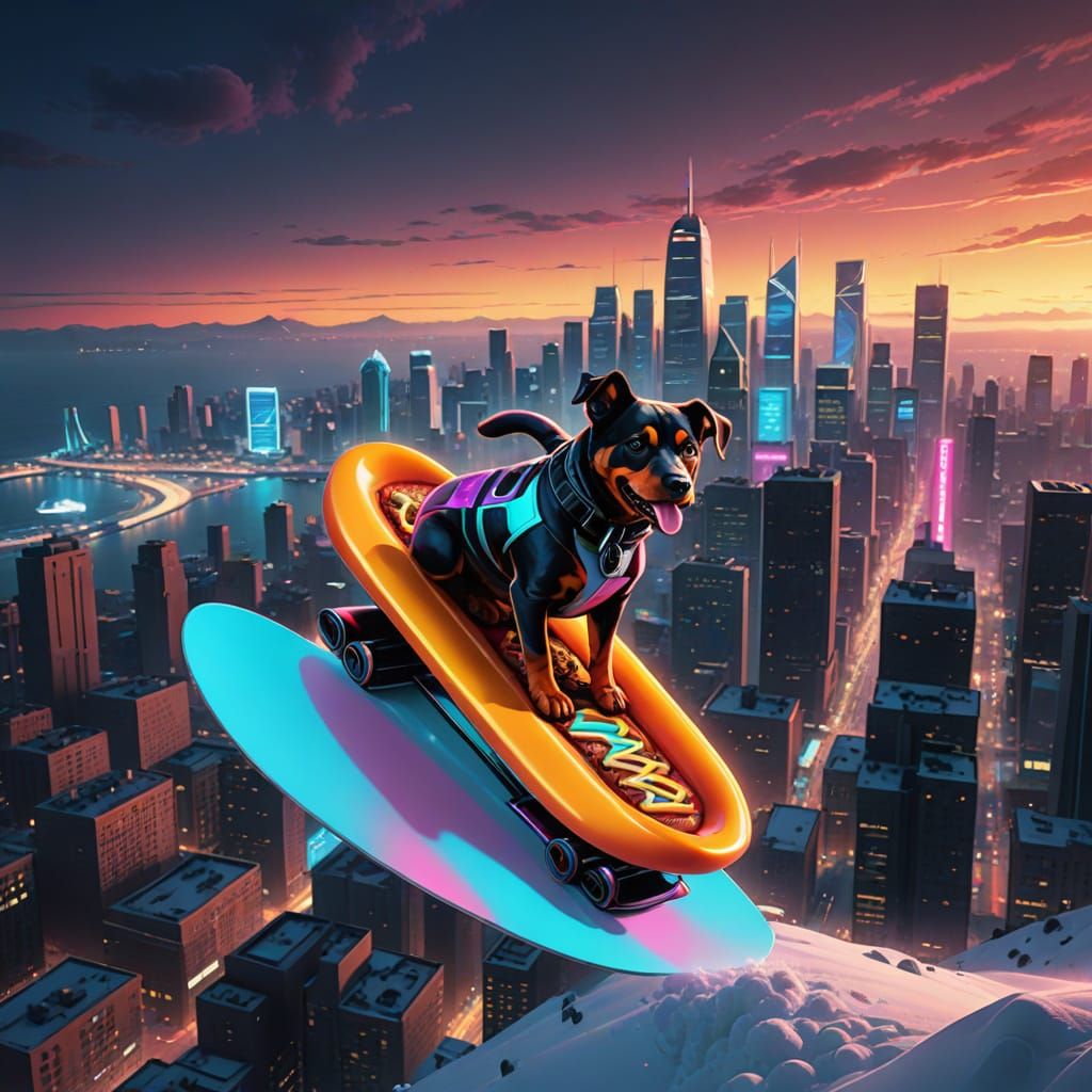 Surreal Sci-Fi Hotdog Soars Through Futuristic City