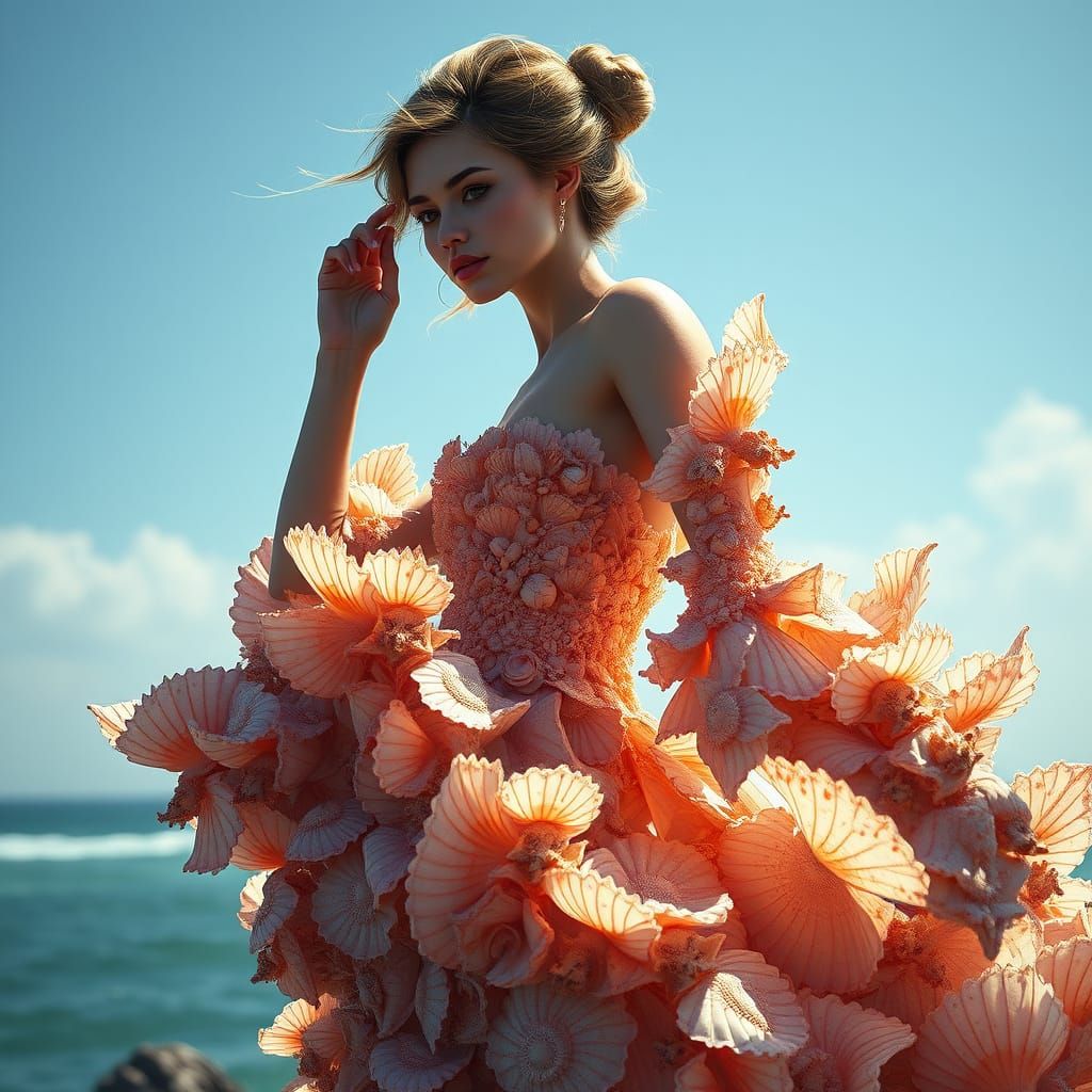 Intricately Detailed Sea Shell Dress in Triadic Colors