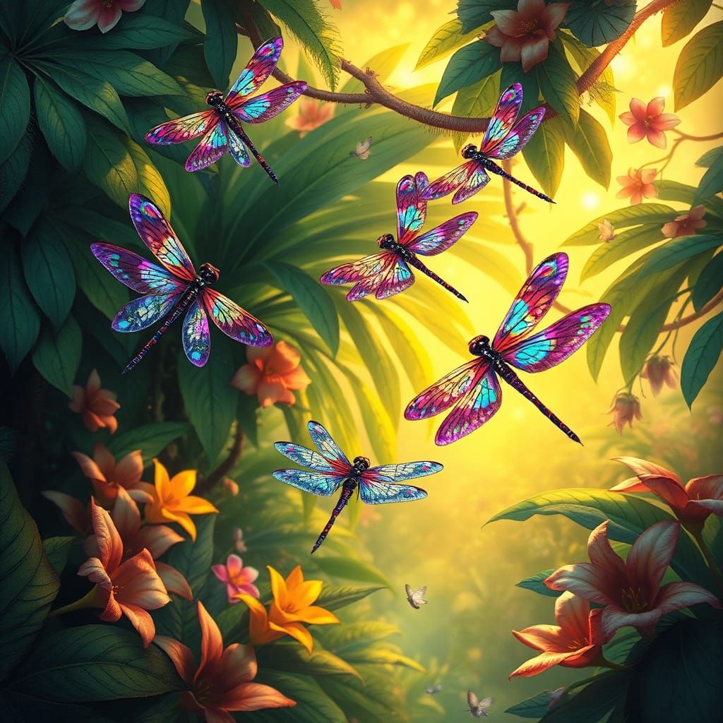 Iridescent Dragonflies in a Lush Tropical Paradise