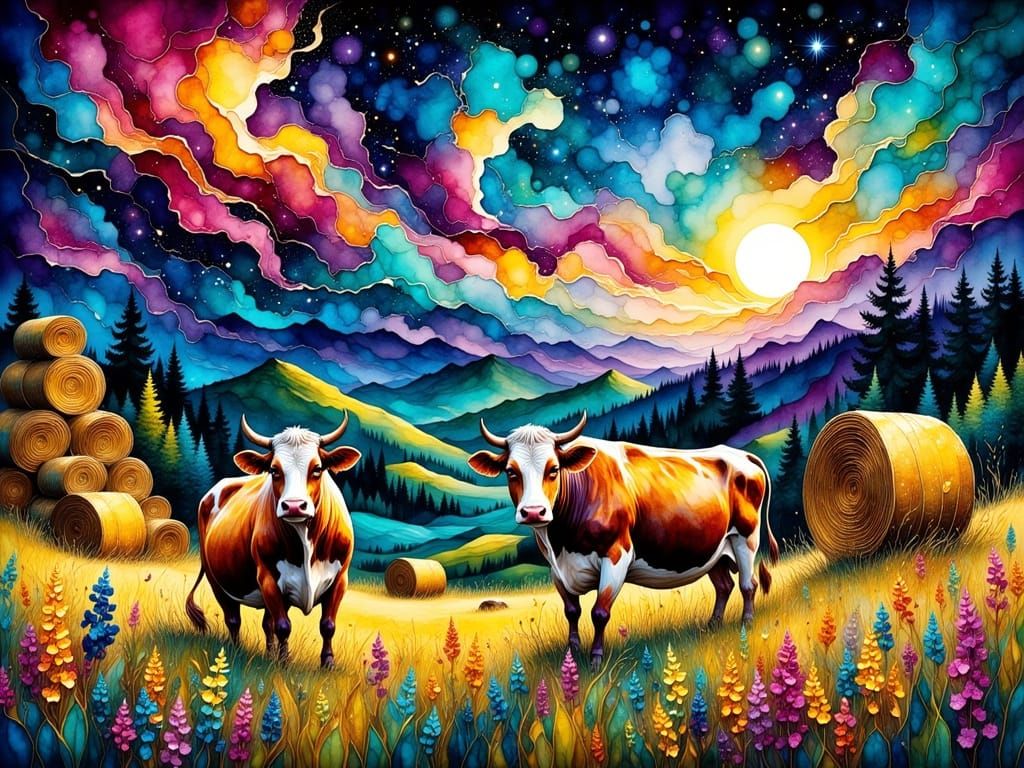 Whimsical Cows Under a Fantastical Night Sky