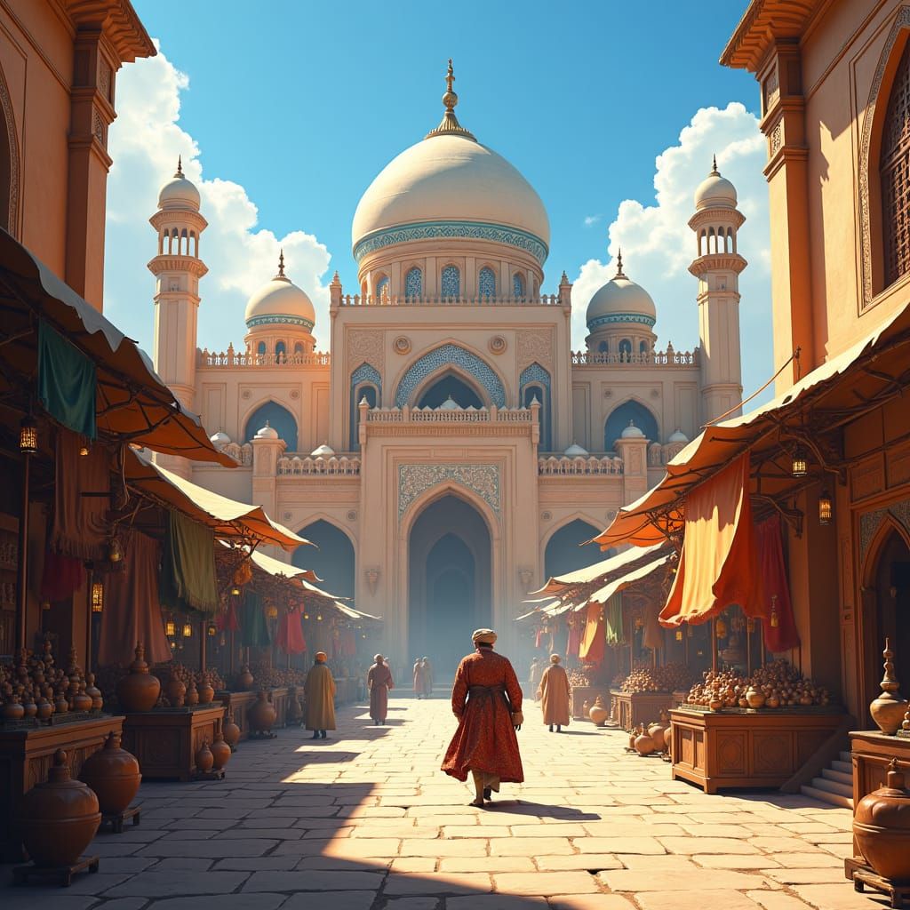 Majestic Palace in Medieval Marketplace Concept Art