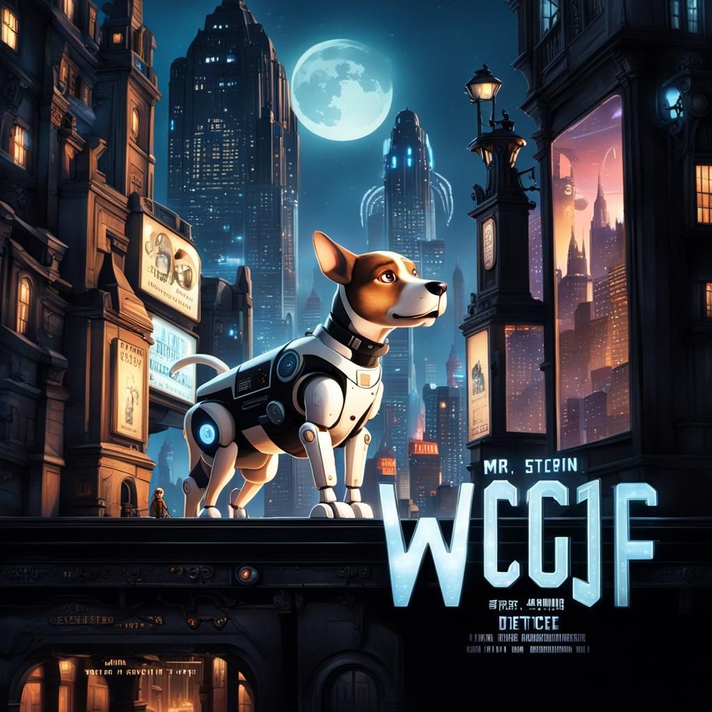 Robotic Dog Detective Movie Poster: Futuristic Cityscape