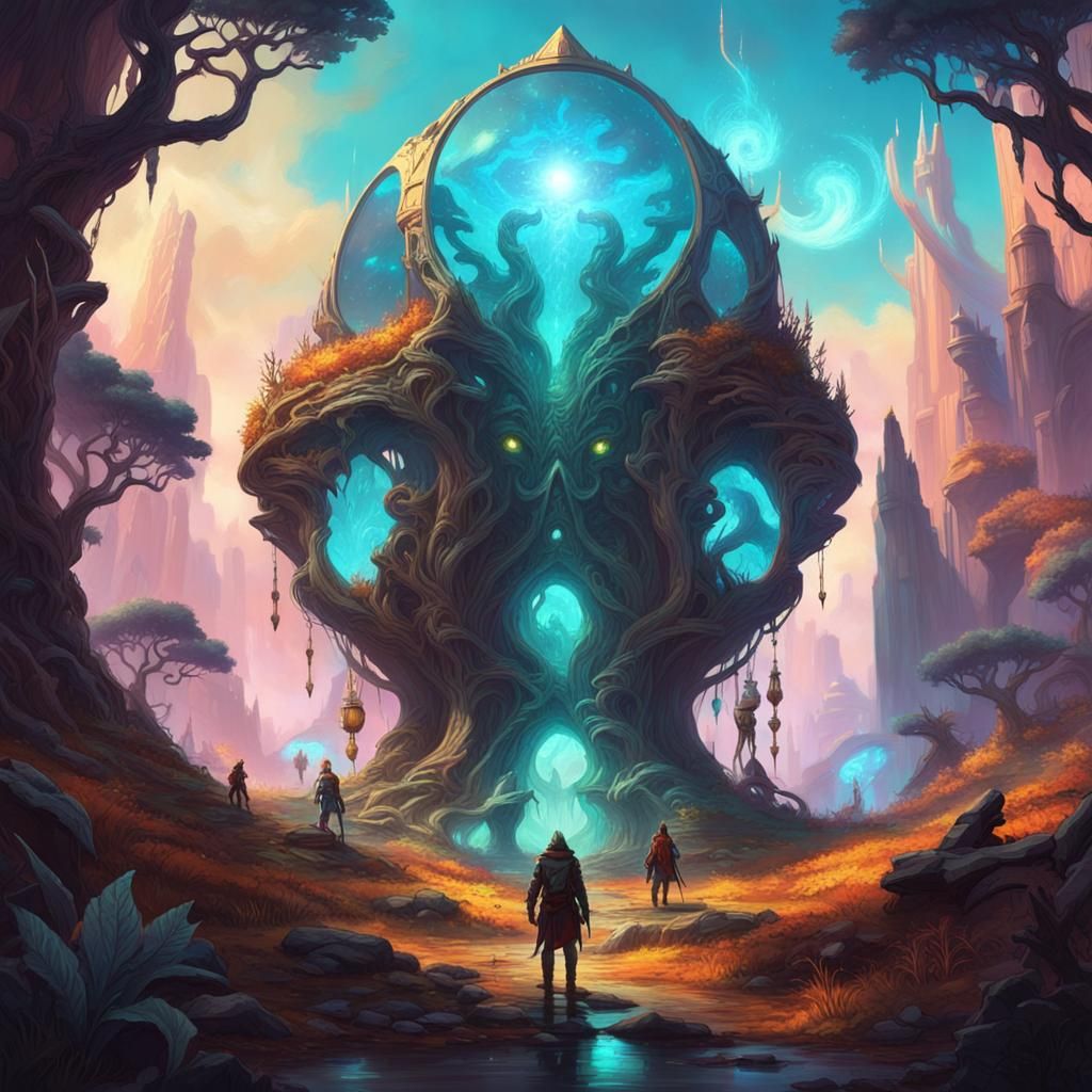 Otherworldly Adventurers in Glowing Maximalist Landscape