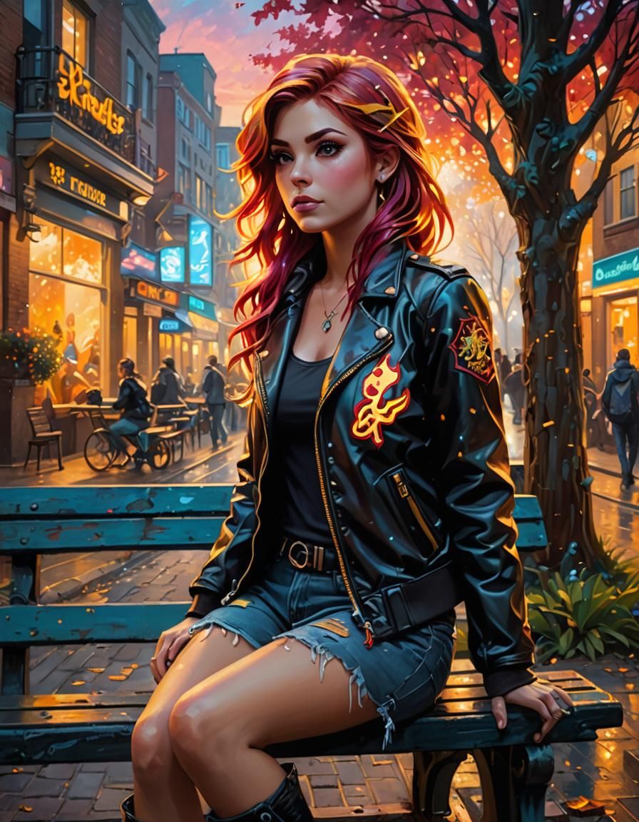 Sunset Shimmer in Street Art Style on Bench