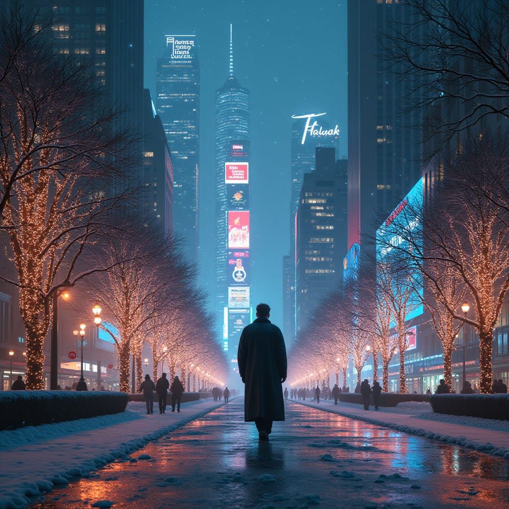 Futuristic Utopia at Midnight: A Solitary Figure in a Kaleid...