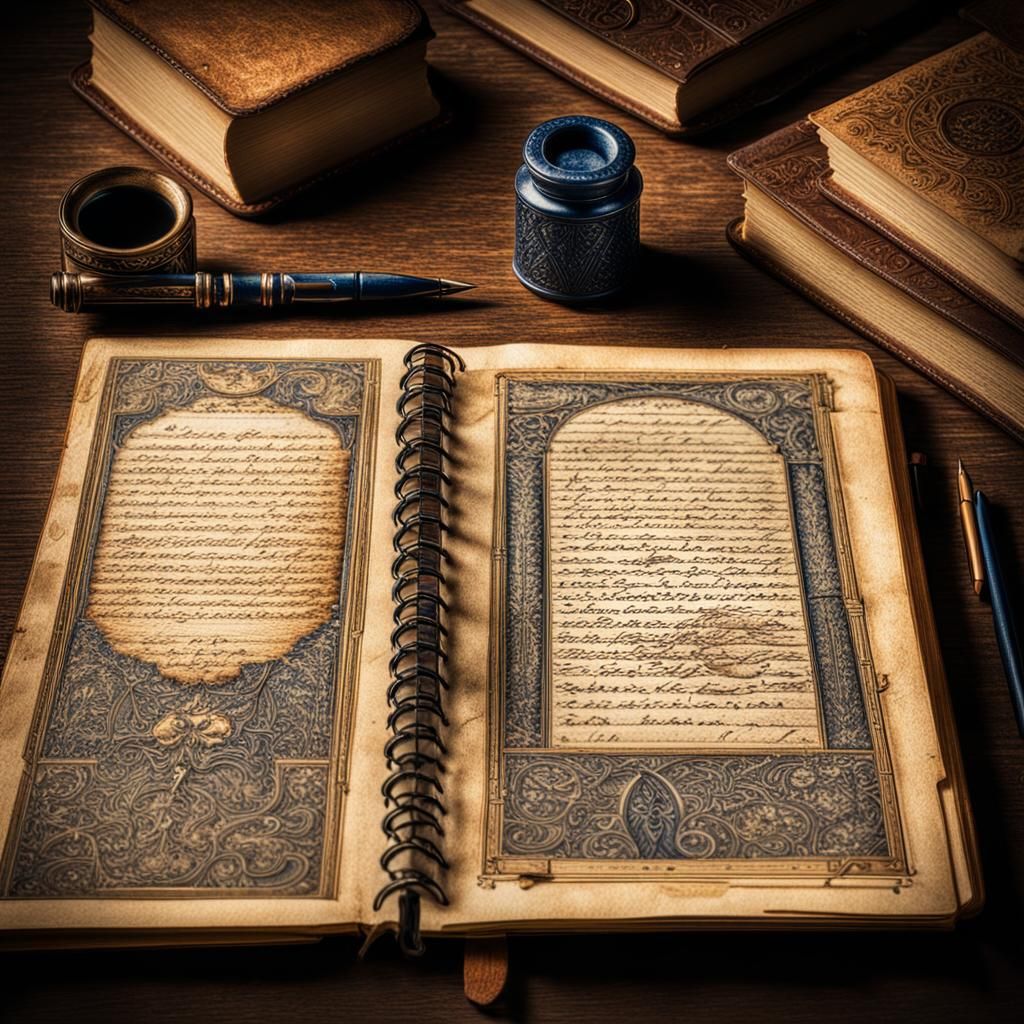 Blue Pen Writes in Old Notebook: Hyperrealistic Image