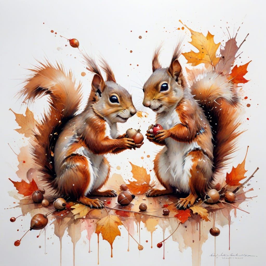 Squirrels' Autumn Date Night in Watercolor Style