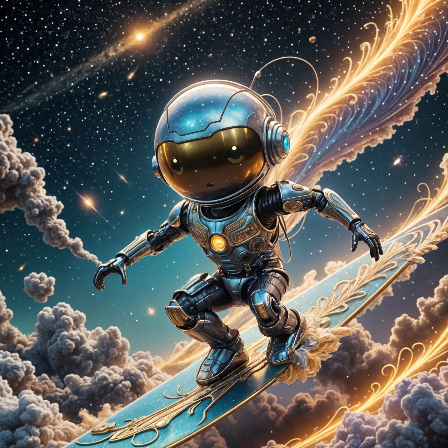 Kawaii Android Surfer Riding Comet's Golden Tail