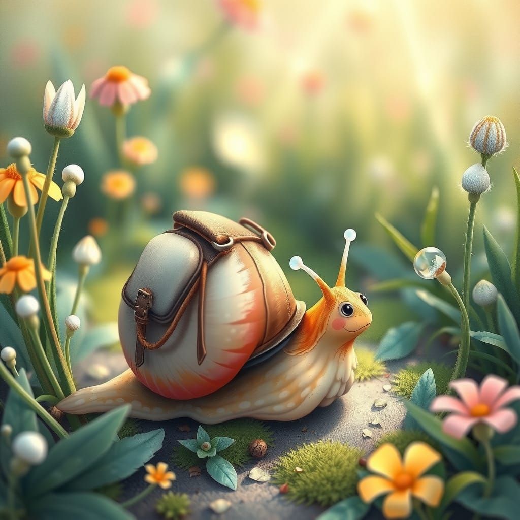 Snail Explorer in a Whimsical Watercolor Garden