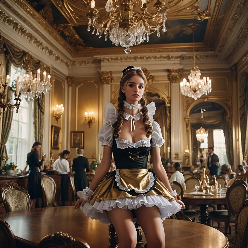 French Maid in Sumptuous Dining Room, Cinematic Photography