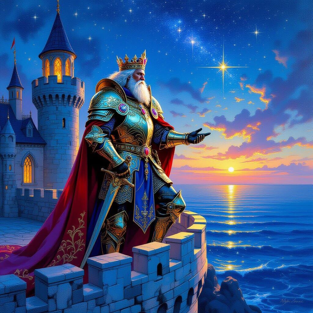 King on Castle Ramparts in Dreamy, Romantic Style