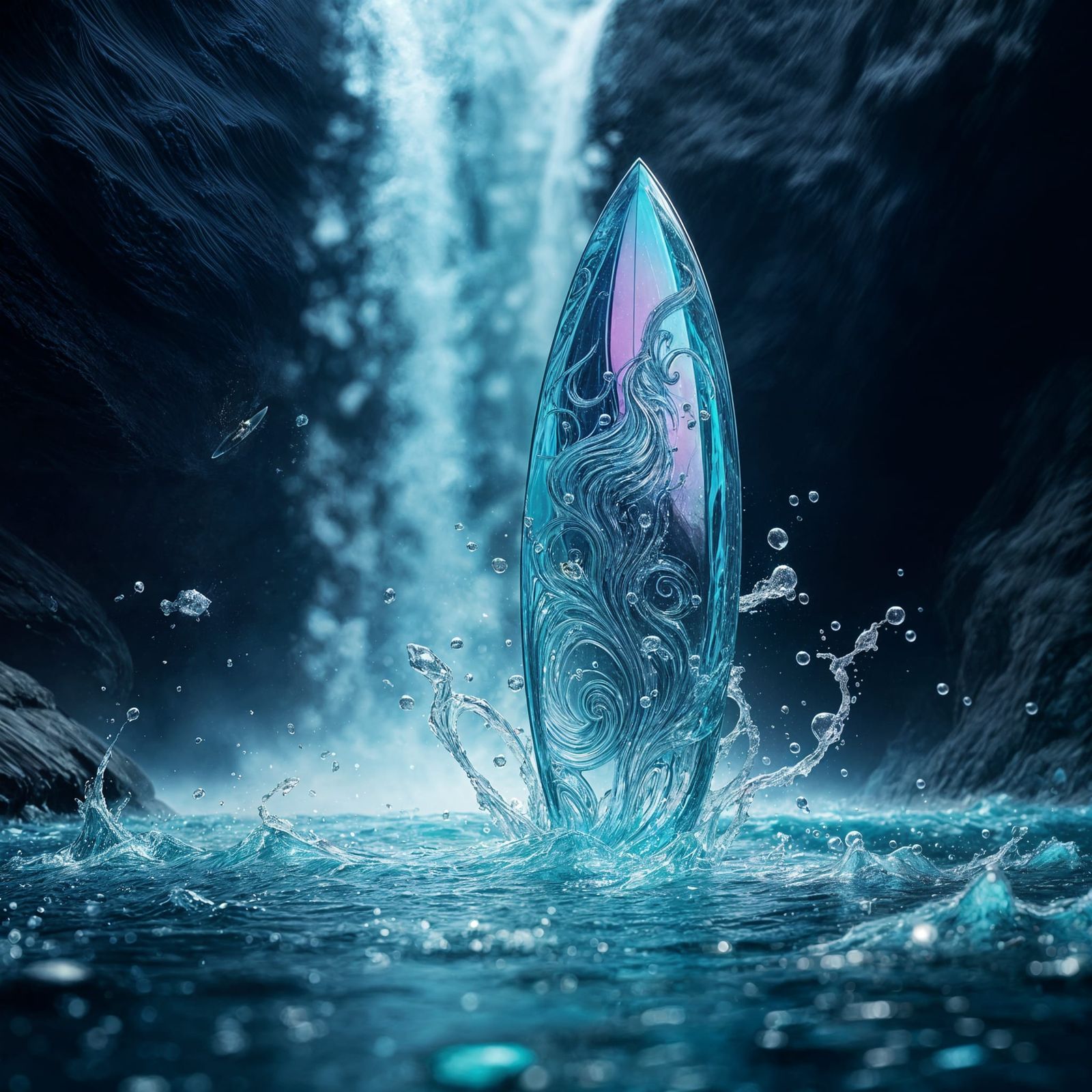 Ethereal Waterfall Surfboard in Vibrant, Iridescent Hues