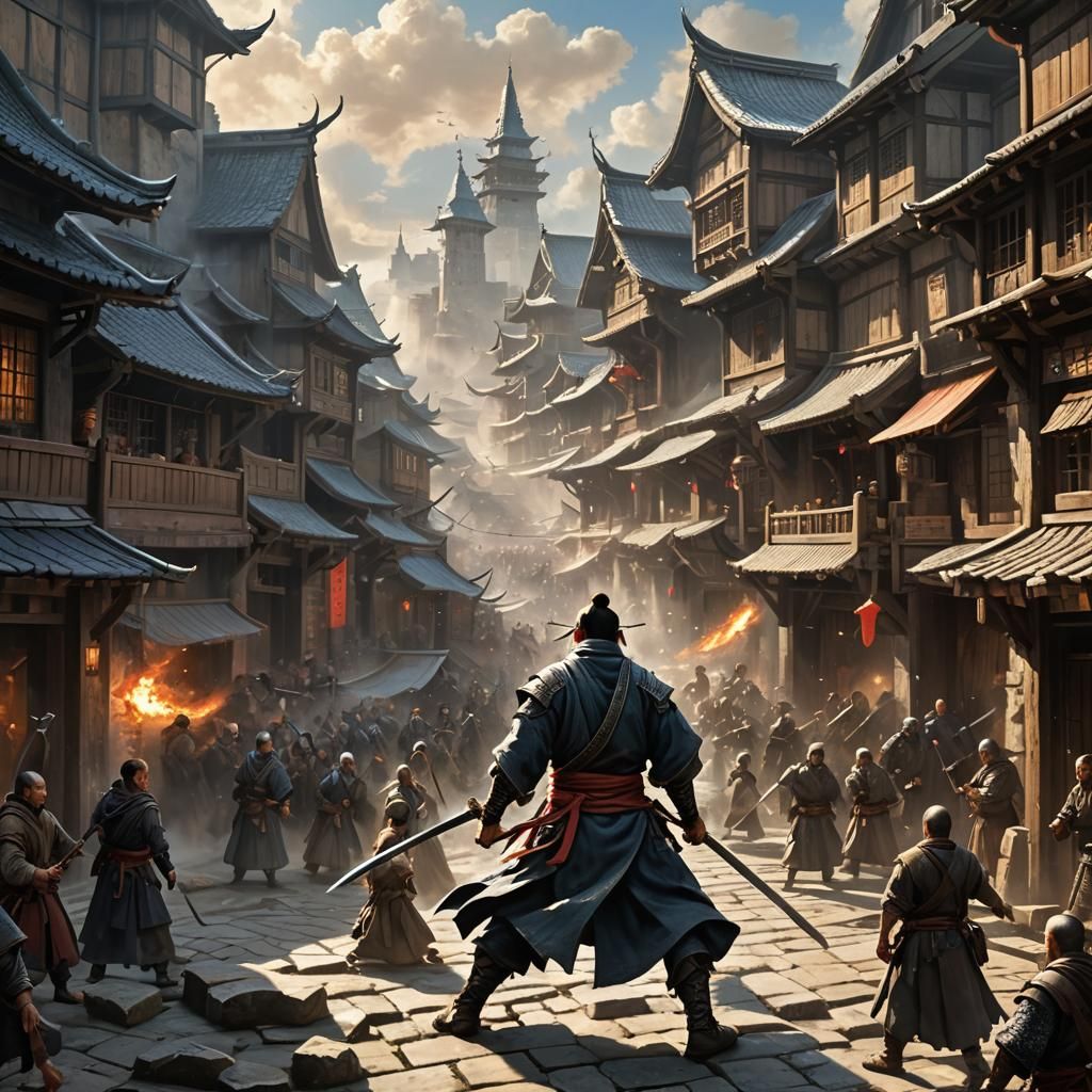Kensei Monk Battles in Medieval City Square