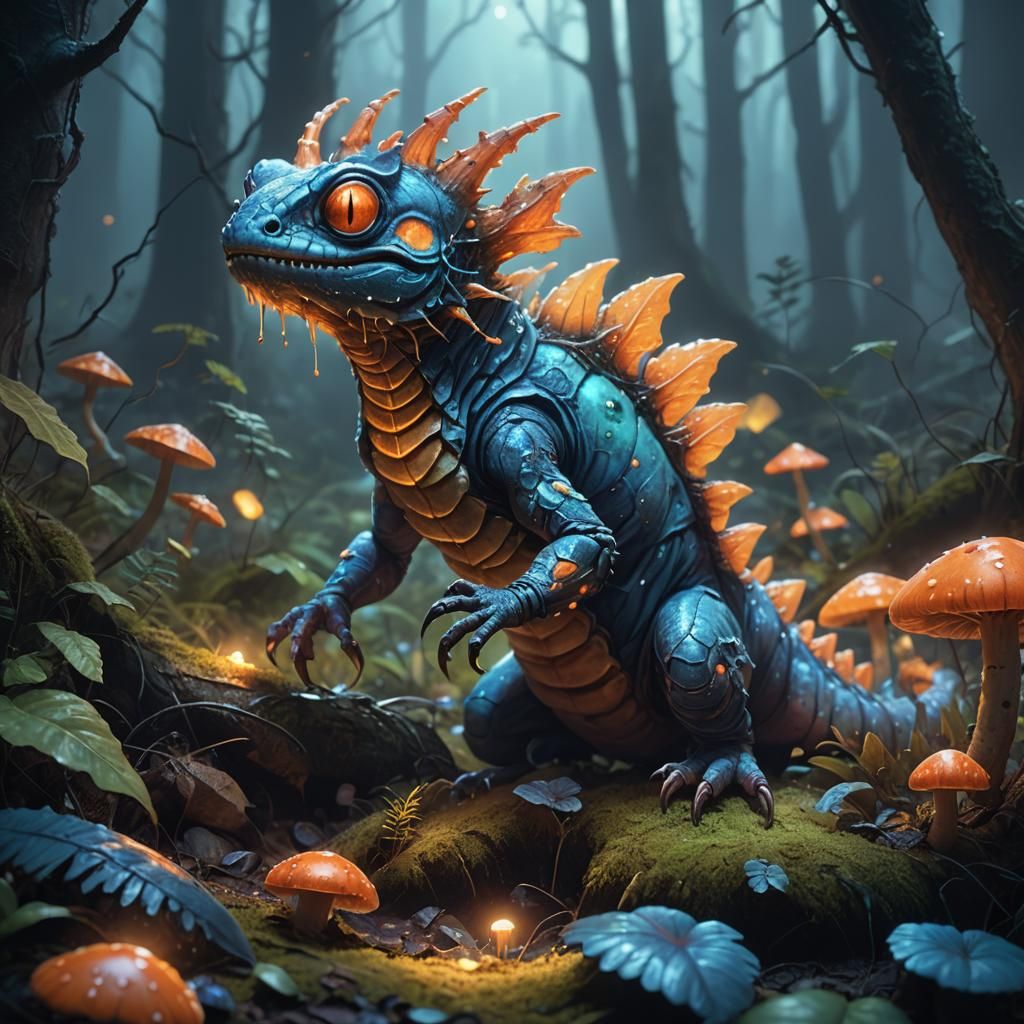 Caterpillar Lizard Monster in Misty Forest