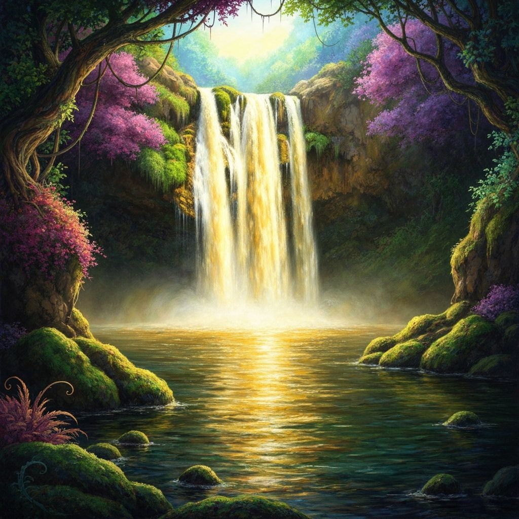 Golden Waterfall in Surreal Whimsical Style