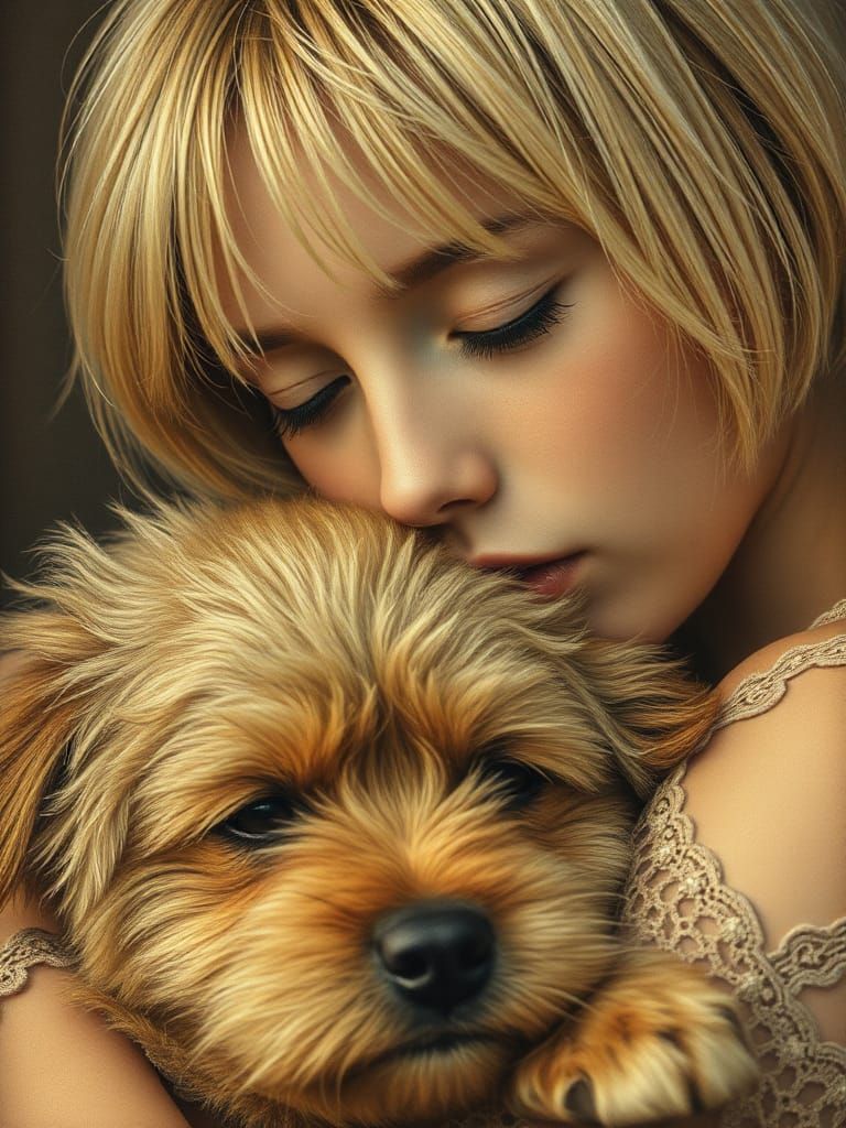 Girl and Dog: Tender Charcoal Portrait in Art Nouveau Style