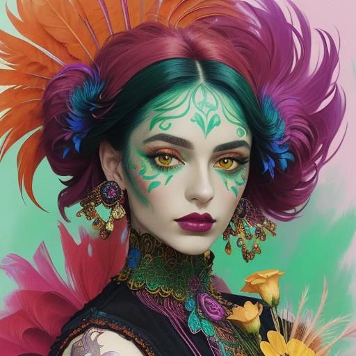 Fauvist Portrait of Woman with Peacock Feather Hair