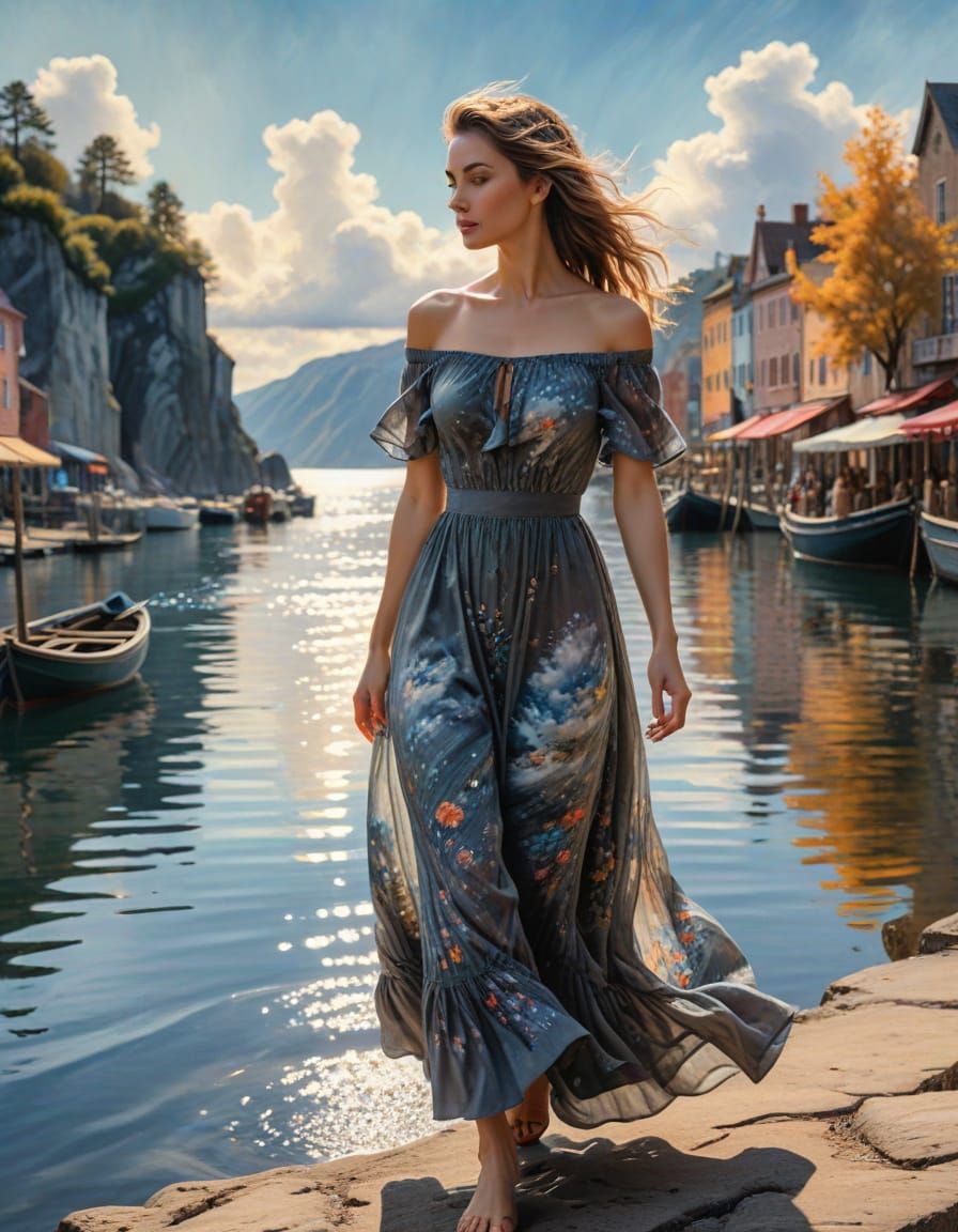 Serene Harbor Scene in Gouache Style Watercolor