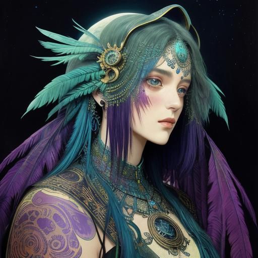 Quetzal Bird and Panther on Moon Jungle, Surreal Oil Paintin...