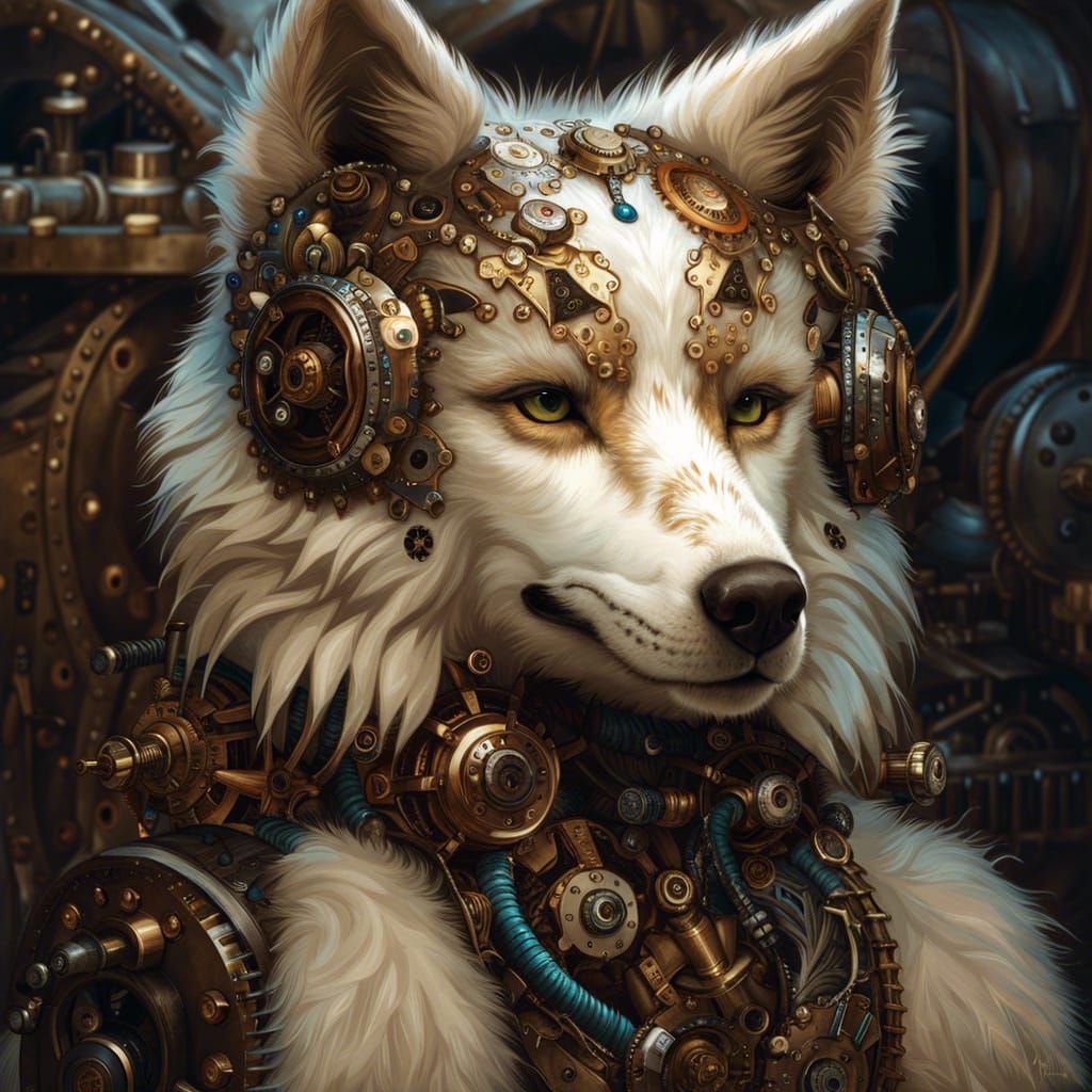 Mechanical Robotic Wolf Portrait in 3D