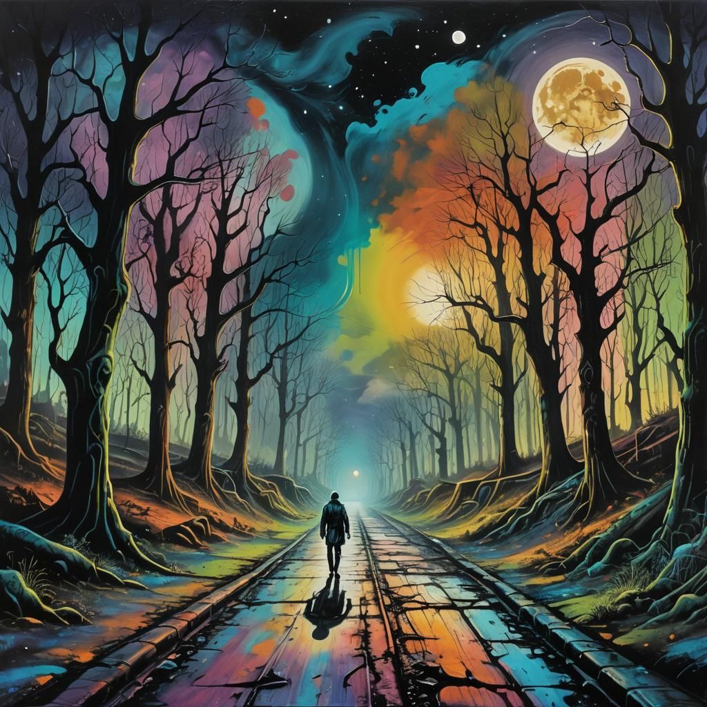 Eerie Forest Road in Surreal Graffiti Art Style