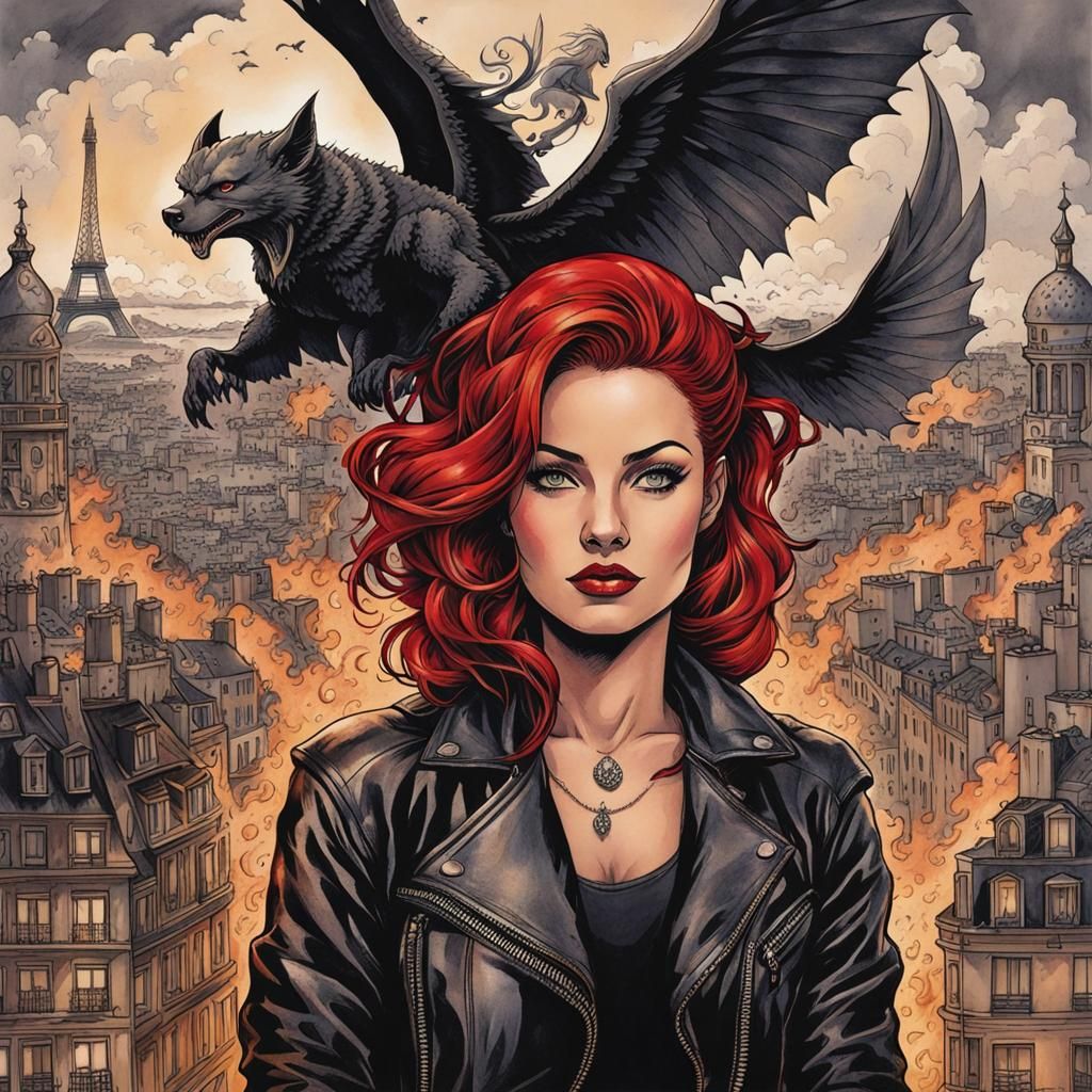 Apocalyptic Paris Scene with Tattooed Woman, Comic Book Art