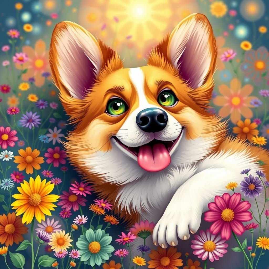 Joyful Corgi in Whimsical Floral Wonderland
