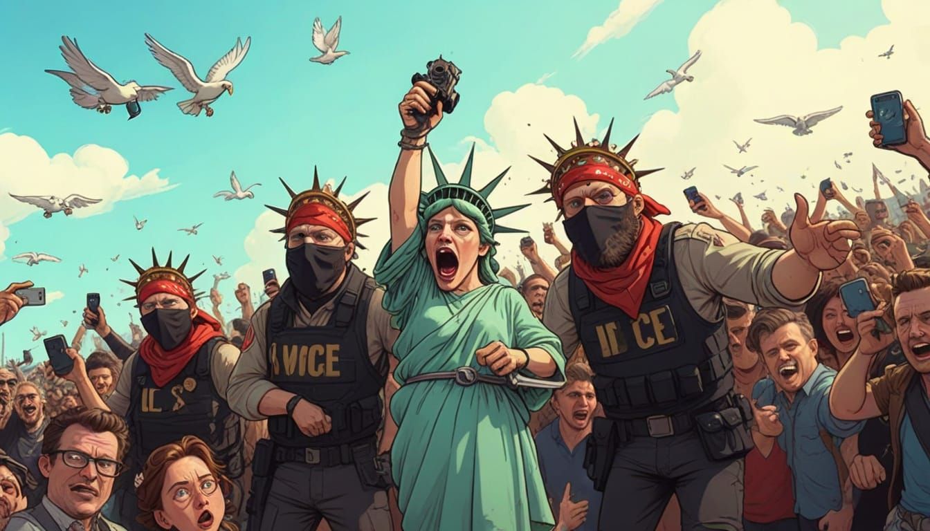 Cartoon Patriots Handcuff Lady Liberty in Blomkamp Style