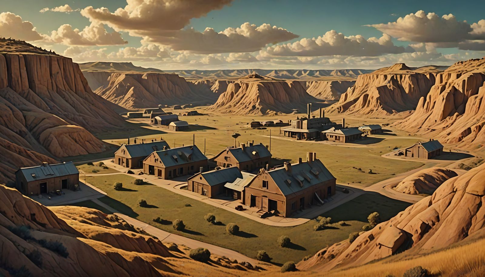 Steampunk Army Base in South Dakota Badlands Landscape