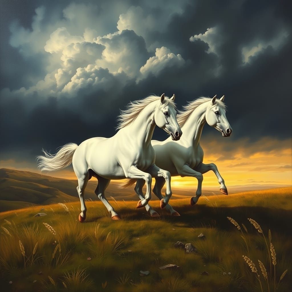 Majestic White Horses Galloping Towards the Horizon