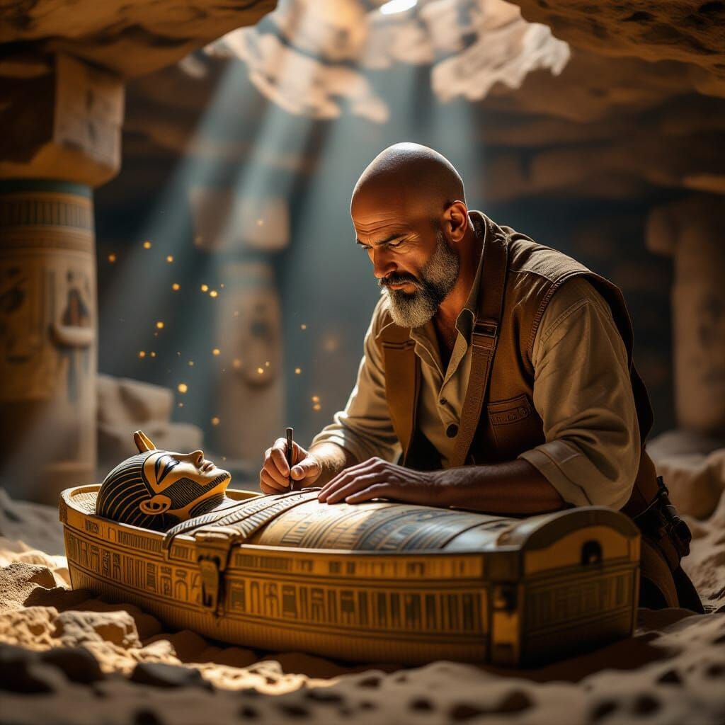 Archeologist Examines Hieroglyphs in Subterranean Tomb