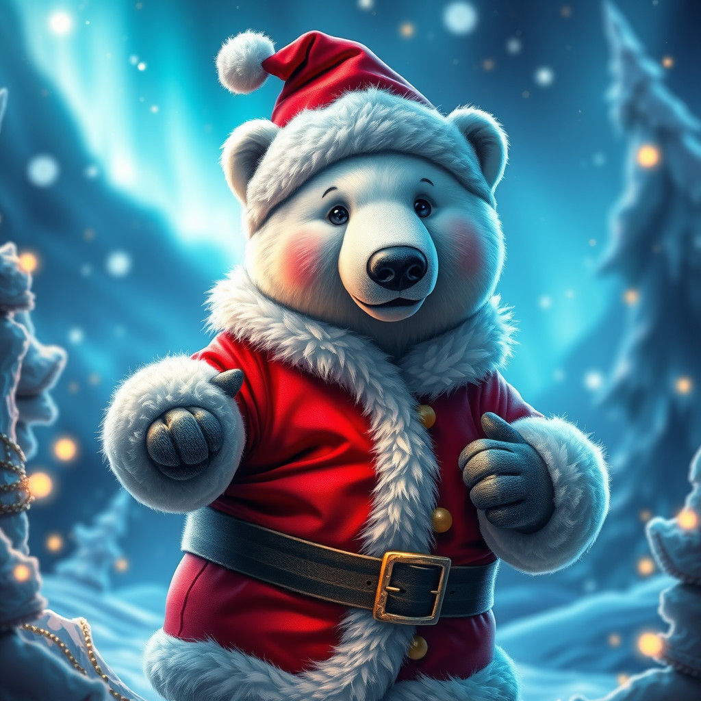 Festive Polar Bear in Santa Suit Under Aurora Borealis